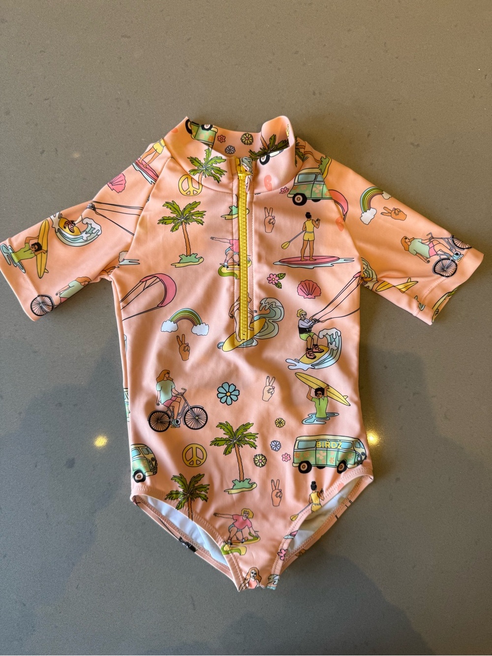 Peach Surf Print Short-Sleeve One-Piece Swimsuit for Kids